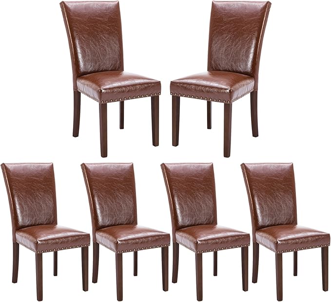 COLAMY Upholstered Parsons Dining Chairs Set of 6, PU Leather Dining Room Kitchen Side Chair with Nailhead Trim and Wood Legs - Light Brown - LeafyLoom