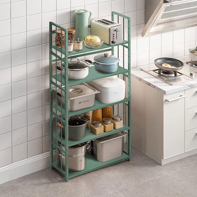IOTXY Adjustable Bamboo Open Bookshelf - Medium 4-Tier Free Standing Storage Rack, Multifunctional Display Stand for Home and Office, Bookcase, Light Green - LeafyLoom