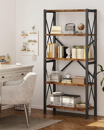 5-Tier Bookshelf,Wood Bookcase,Book Shelf with Steel Frame, Storage Rack with Open Shelves, Rustic Standing Bookshelves Ladder Shelf 110lbs/shelf for Bedroom,Living Room and Home Office - LeafyLoom