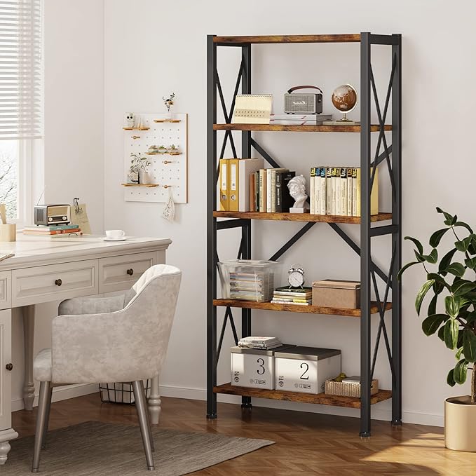 5-Tier Bookshelf,Wood Bookcase,Book Shelf with Steel Frame, Storage Rack with Open Shelves, Rustic Standing Bookshelves Ladder Shelf 110lbs/shelf for Bedroom,Living Room and Home Office - LeafyLoom