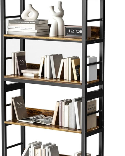 Aquzee Bookshelf, 66" H 5-Tiers Heavy Duty Industrial Shelving Wood & Metal Bookcase, Rustic and Black Tall Shelf Units for Home, Office, Living Room - LeafyLoom