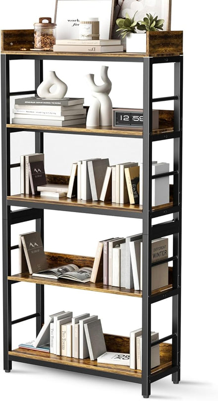 Aquzee Bookshelf, 66" H 5-Tiers Heavy Duty Industrial Shelving Wood & Metal Bookcase, Rustic and Black Tall Shelf Units for Home, Office, Living Room - LeafyLoom