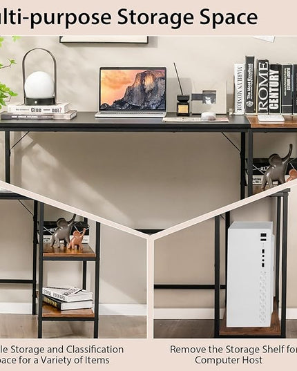 Multifunctional Computer Desk, Industrial Study Writing Desk w/Removable Storage Shelf, Heavy-Duty Metal Frame, 55 Inch Desk for Home Office, Gaming Room, Bedroom (Black) - LeafyLoom