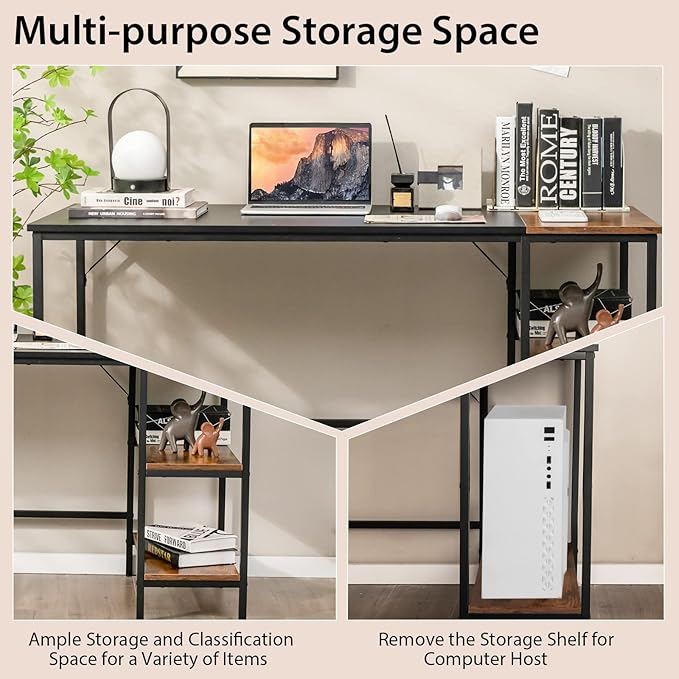 Multifunctional Computer Desk, Industrial Study Writing Desk w/Removable Storage Shelf, Heavy-Duty Metal Frame, 55 Inch Desk for Home Office, Gaming Room, Bedroom (Black) - LeafyLoom