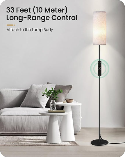 Dimmable Floor Lamp for Living Room, Corner Floor Lamp with Remote, 66'' Standing Tall Lamp, Linen Lampshade, 10W 800LM LED Bulb for Bedroom Study, FCC Listed Black and White W06LD05 - LeafyLoom
