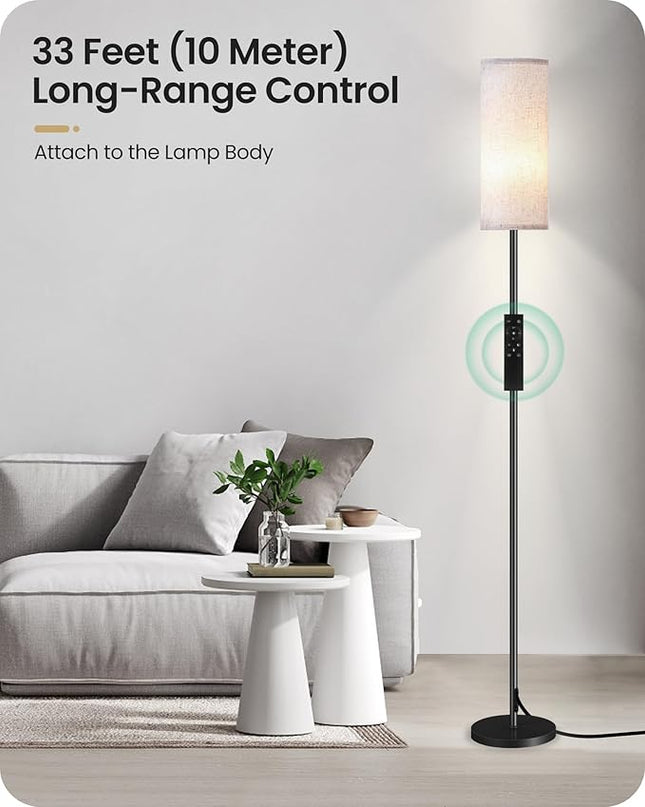 Dimmable Floor Lamp for Living Room, Corner Floor Lamp with Remote, 66'' Standing Tall Lamp, Linen Lampshade, 10W 800LM LED Bulb for Bedroom Study, FCC Listed Black and White W06LD05 - LeafyLoom