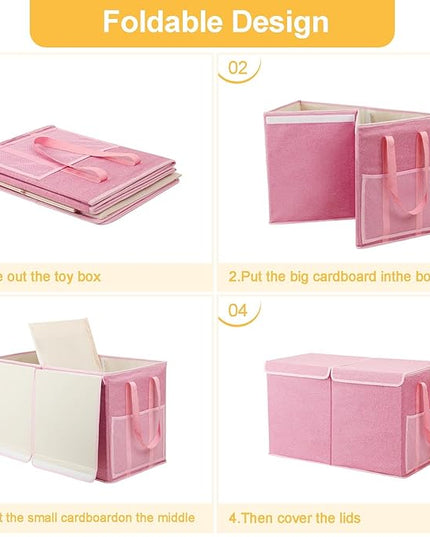 Large Toy Box for Boys Girls Toy Chest Kids Toy Storage Organizer Collapsible Toy Storage Bin Basket with Two Mesh Pockets for Nursery Playroom Bedroom Living Room Organization - LeafyLoom