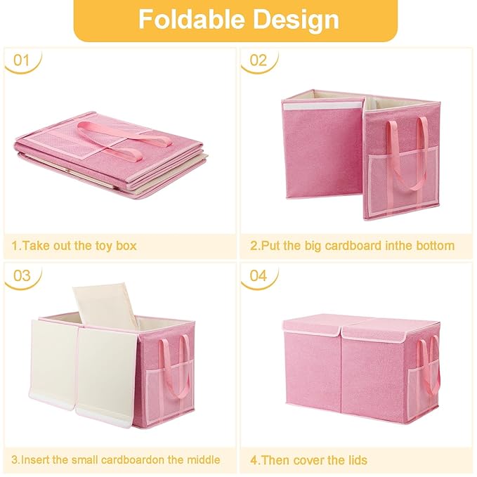 Large Toy Box for Boys Girls Toy Chest Kids Toy Storage Organizer Collapsible Toy Storage Bin Basket with Two Mesh Pockets for Nursery Playroom Bedroom Living Room Organization - LeafyLoom