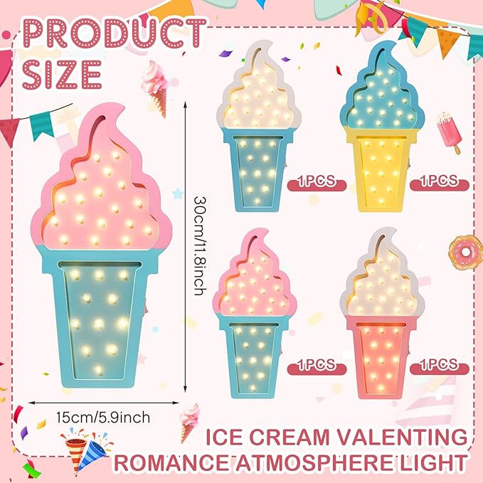4 Pcs Ice Cream Party Decorations Ice Cream Night Light Ice Cream LED Atmosphere Light Wooden Ice Cream Wall Light Ice Cream Lamp Romantic Ice Cream Party Decor Battery Operated - LeafyLoom
