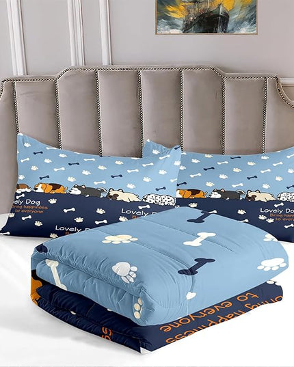 Bedding Set, 3Pcs Cartoon Dog Comforter Set for Boys, Queen Size, Lovely Puppy Patterns, Fun Animal Lover Quilt with 2 Pillowcases - LeafyLoom