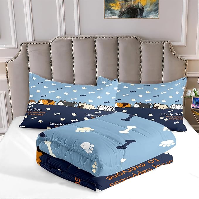 Bedding Set, 3Pcs Cartoon Dog Comforter Set for Boys, Queen Size, Lovely Puppy Patterns, Fun Animal Lover Quilt with 2 Pillowcases - LeafyLoom