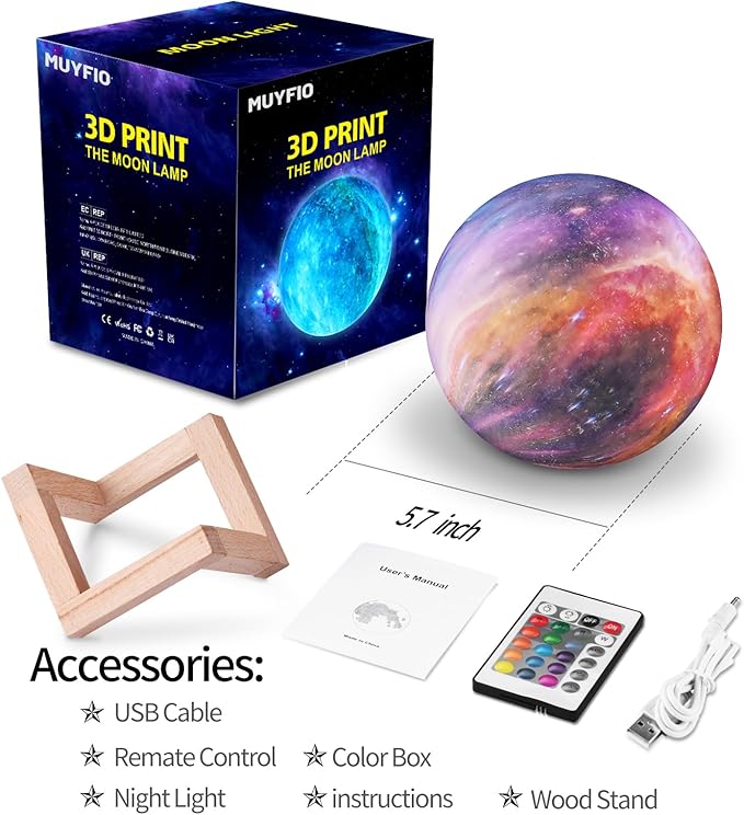 Galaxy Moon Lamp Night Light for Kids adults -16 Colors with Timer, Stand & Remote/Touch Control Moon light - Birthday Valentines Gifts for Kids Women - Mood Lighting for Bedroom Home Décor - 5.9 INCH - LeafyLoom