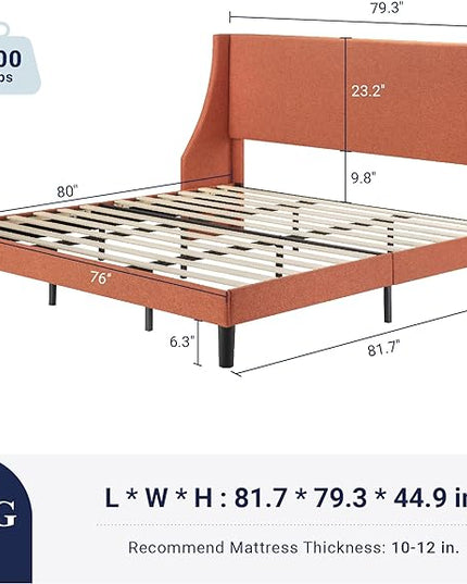 Allewie King Size Bed Frame, Platform Bed Frame with Upholstered Headboard, Modern Deluxe Wingback, Wood Slat Support, Mattress Foundation, Burnt Orange - LeafyLoom