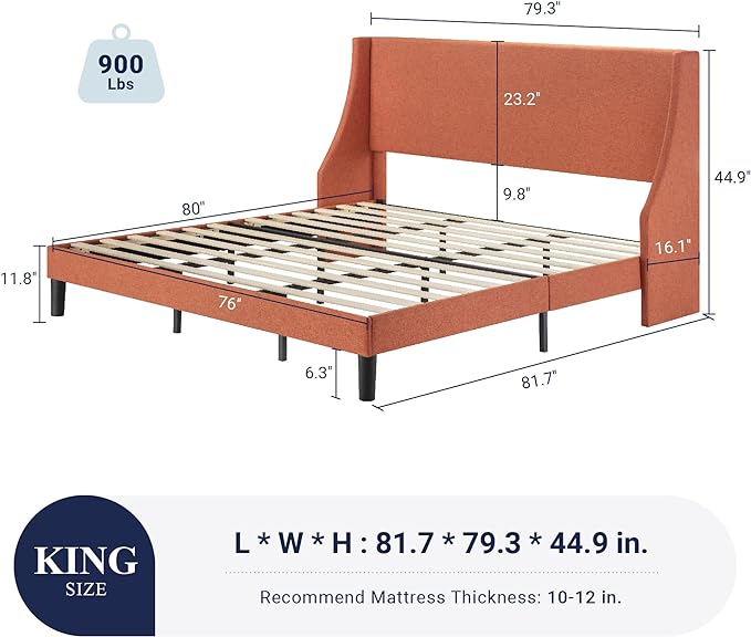 Allewie King Size Bed Frame, Platform Bed Frame with Upholstered Headboard, Modern Deluxe Wingback, Wood Slat Support, Mattress Foundation, Burnt Orange - LeafyLoom