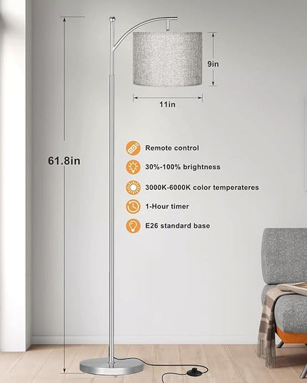 Ambimall Floor Lamp with Remote Control and Stepless Dimmable Bulb, Colors Temperature & Brightness Adjustable, Modern Floor Lamps for Living Room（Grey Shade & Silver Pole） - LeafyLoom