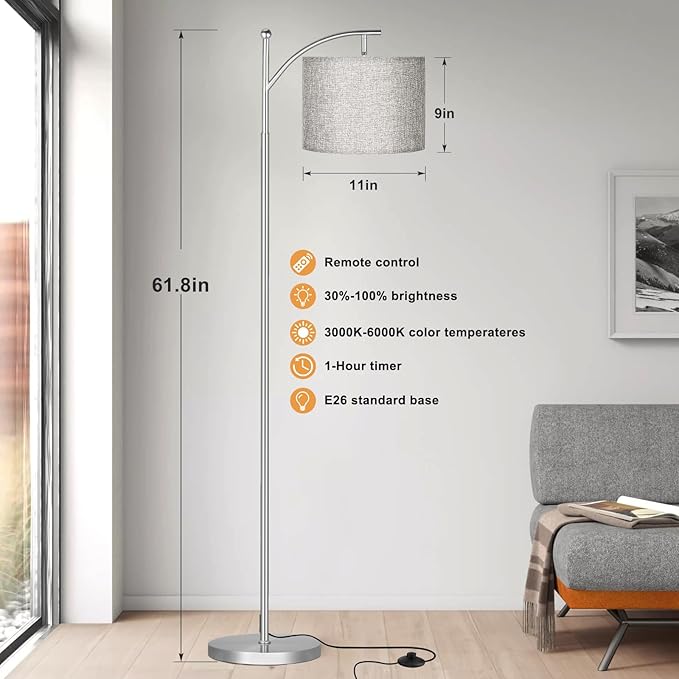 Ambimall Floor Lamp with Remote Control and Stepless Dimmable Bulb, Colors Temperature & Brightness Adjustable, Modern Floor Lamps for Living Room（Grey Shade & Silver Pole） - LeafyLoom