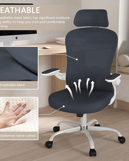 Office Chair, High Back Ergonomic Desk Chair, Breathable Mesh Desk Chair with Adjustable Lumbar Support and Headrest, Swivel Task Chair with flip-up Armrests, Executive Chair for Home Office - LeafyLoom