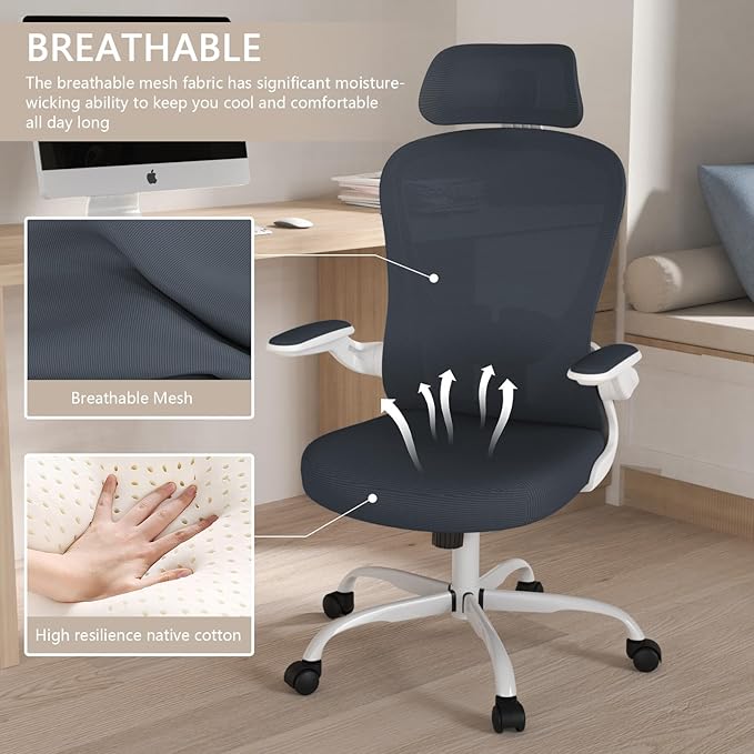 Office Chair, High Back Ergonomic Desk Chair, Breathable Mesh Desk Chair with Adjustable Lumbar Support and Headrest, Swivel Task Chair with flip-up Armrests, Executive Chair for Home Office - LeafyLoom