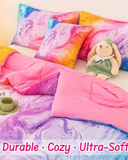4 Pcs Tie Dye Twin Comforter Set for Girls, Watercolor Marble Abstract Art Superior Kids Bedding Sets Twin Size, Pink Purple Blue Colorful Teenage Girls Comforter Sets - LeafyLoom