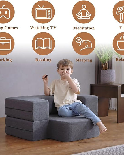 Convertible Folding Sofa - Modern Linen Fabric Coffee Table, Foldable Floor & Futon Couch, with Pillow for Living Room/Dorm/Guest Room/Home Office/Apartment,Single (2 in 1),Dark Gray - LeafyLoom
