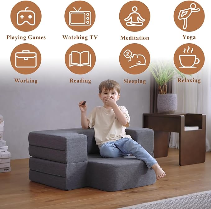 Convertible Folding Sofa - Modern Linen Fabric Coffee Table, Foldable Floor & Futon Couch, with Pillow for Living Room/Dorm/Guest Room/Home Office/Apartment,Single (2 in 1),Dark Gray - LeafyLoom