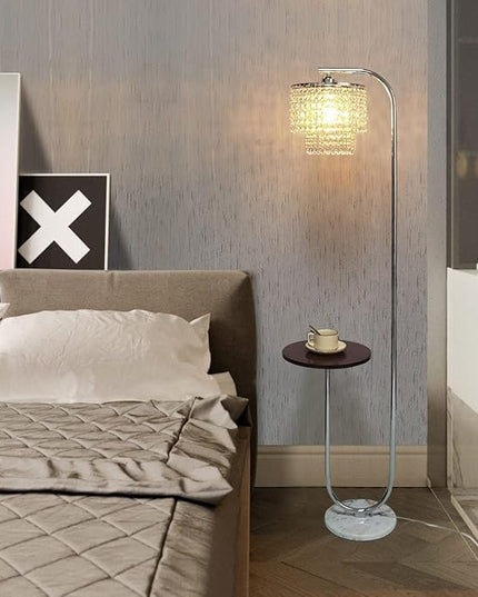 Hsyile Arc Crystal Floor Lamp for Living Room - Marble Base Modern Tall Stand Up Light with Table,Contemporary Over The Couch Chrome Lamp Standing Lamps for Bedroom Office Living Room - LeafyLoom