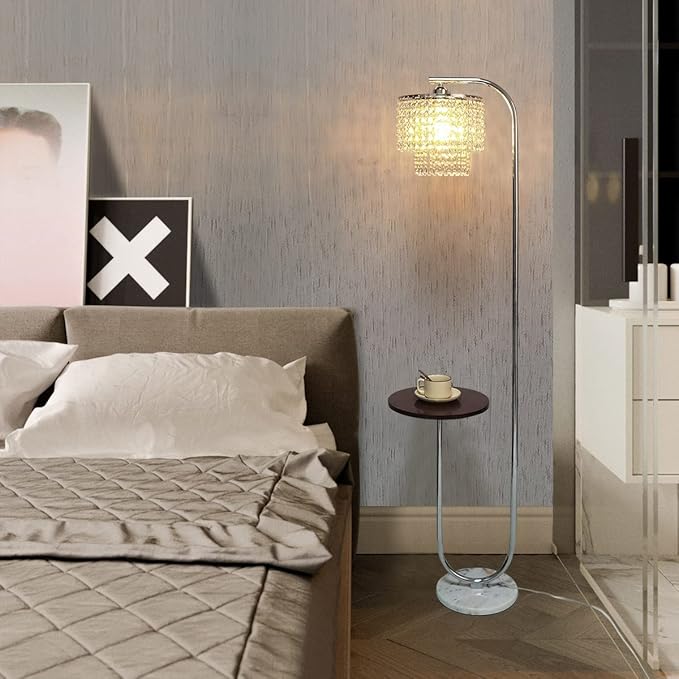 Hsyile Arc Crystal Floor Lamp for Living Room - Marble Base Modern Tall Stand Up Light with Table,Contemporary Over The Couch Chrome Lamp Standing Lamps for Bedroom Office Living Room - LeafyLoom