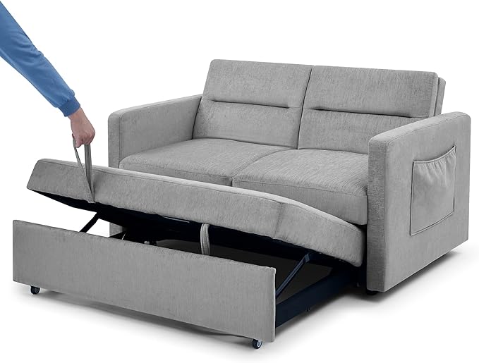 3 in 1 Sleeper Sofa Bed,Contemporary Minimalist Style 2 Seater Loveseat Convertible Sofa&Couch with Pull Out Sofabed and Side Storage Pockets for Home,Office,Apartment,RV Living Room Furniture - LeafyLoom