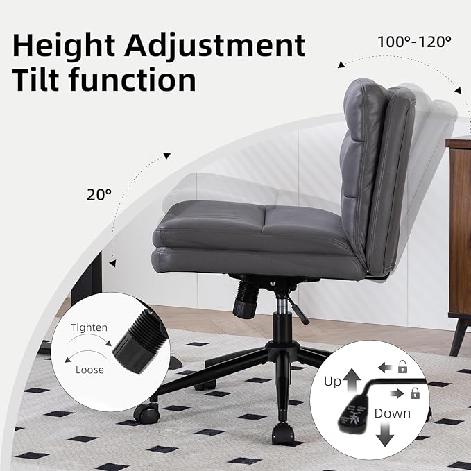 Armless Office Chair with Wheels Wide Desk Chair Leather Mid Back Accent Chair Padded Swivel Vanity Chair for Girl Women Computer Task Chair for Home Office (Suede Fabric,Gray) - LeafyLoom