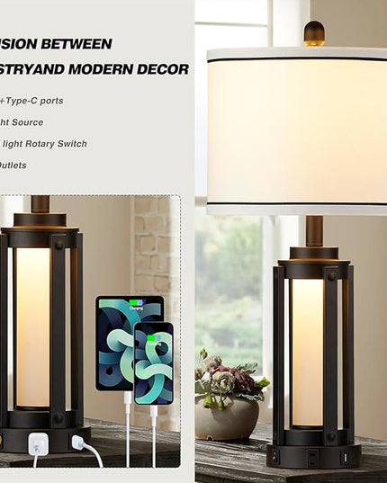 25" Modern Table Lamps Set of 2, Industrial Beside Lamps with USB A+C Charging Ports & AC Outlet, Nightstand Lamp with Glass Night Light for Living Room Bedroom End Table Decor White(4 Bulbs Included) - LeafyLoom