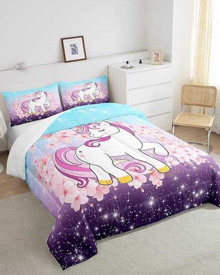 Unicorn Comforter Set King, Kids Unicorn Floral Bedding for Girls Boys Children Bedroom Decor, Cherry Blossoms Glitter Down Comforter Galaxy Kawaii Quilt Set with 1 Pillowcase, Blue Purple Ombre - LeafyLoom
