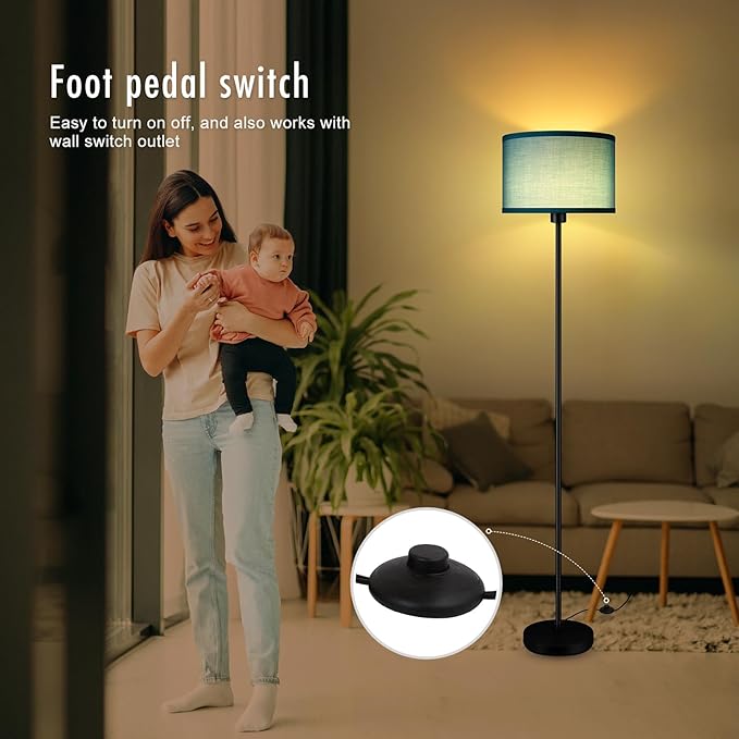 BoostArea Floor Lamp Standing Lamp, LED Floor Lamp with 3 Dimmable Levels, Simple Floor Lamp with Linen Lampshade, On/Off Footswitch, Black Floor Lamps for Living Room/Bedroom, Green(without Bulb) - LeafyLoom