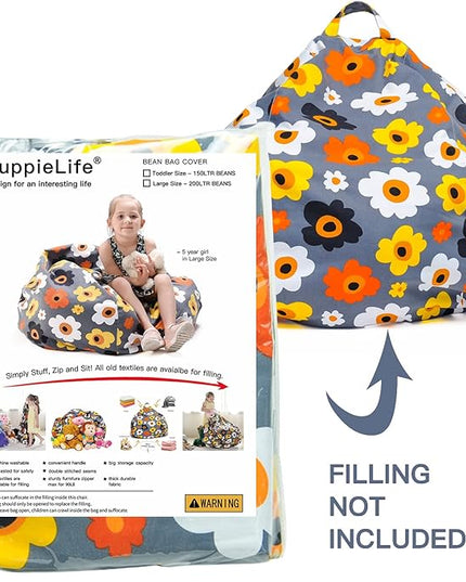 YuppieLife Kids Storage Bean Bag Cover（No Filling）Toy Organizer|Carrying Handle Sofa|Available for Kids and Teenager|Cuddle Chair|Machine Washable and Durable（27“,Grey Flora） - LeafyLoom