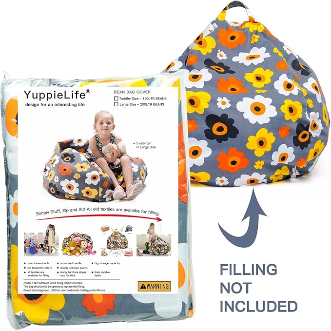 YuppieLife Kids Storage Bean Bag Cover（No Filling）Toy Organizer|Carrying Handle Sofa|Available for Kids and Teenager|Cuddle Chair|Machine Washable and Durable（38“,Grey Flora） - LeafyLoom
