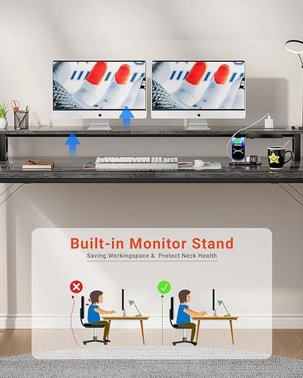 55 inch Computer Desk with Power Outlets, Office Desk Gaming desk with LED Lights, Home Office Desk with Monitor Shelf, Modern Work Desk Study Writing Table for Bedroom, Black Oak - LeafyLoom