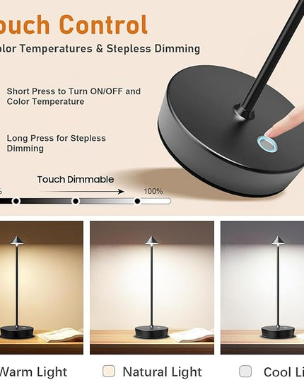 Set of 2 Rechargeable Cordless Table Lamp,6000mAh LED Battery Operated Desk Lamp Touch 3 Color Dimming Portable Outdoor Waterproof Table Light for Patio/Restaurant/Dining/Home (Black) - LeafyLoom