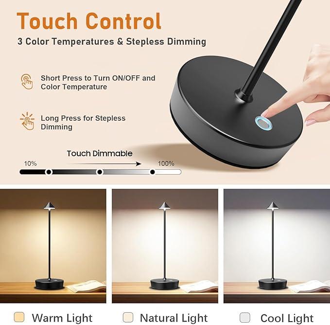 Rechargeable Cordless Table Lamp, 6000mAh LED Battery Operated Desk Lamp Touch 3 Color Stepless Dimming Portable Outdoor Waterproof Table Light for Patio/Restaurant/Dining/Home (Black) - LeafyLoom