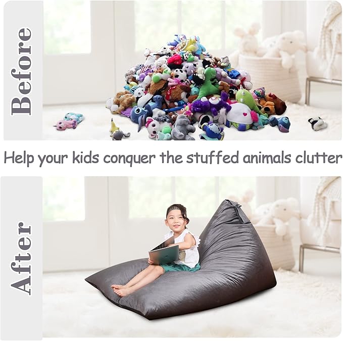 Stuffed Animal Storage Bean Bag Chair for Kids and Adults, Stuffed Animal Bean Bag Storage, Luxury Velvet Stuffie Seat - COVER ONLY(Dark Grey 200L/52 Gal) - LeafyLoom