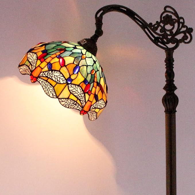 WERFACTORY Tiffany Floor Lamp Sea Blue Yellow Stained Glass Dragonfly Arch Lamp 12X18X64 Inch Gooseneck Adjustable Corner Stand Reading Light Decor Bedroom Living Room S128 Series - LeafyLoom