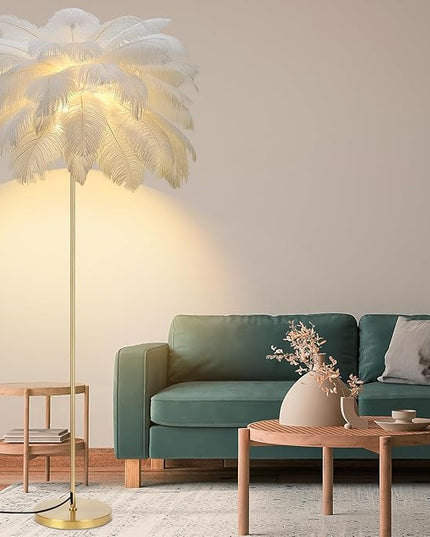 Feather Lamp, Natural Ostrich Feather Floor Lamp for Living Room, 63in Height, 3 Color Temperatures Bright LED Bulbs, Modern Funky Tall Lamp Standing Light for Bedroom (White) - LeafyLoom