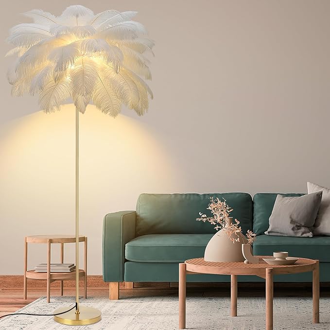 Feather Lamp, Natural Ostrich Feather Floor Lamp for Living Room, 63in Height, 3 Color Temperatures Bright LED Bulbs, Modern Funky Tall Lamp Standing Light for Bedroom (White) - LeafyLoom