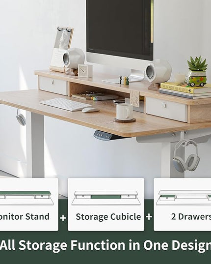 FEZIBO 55 x 24 Inch Height Adjustable Electric Standing Desk with Double Drawer, Stand Up Desk with Storage Shelf, Sit Stand Desk, Maple - LeafyLoom