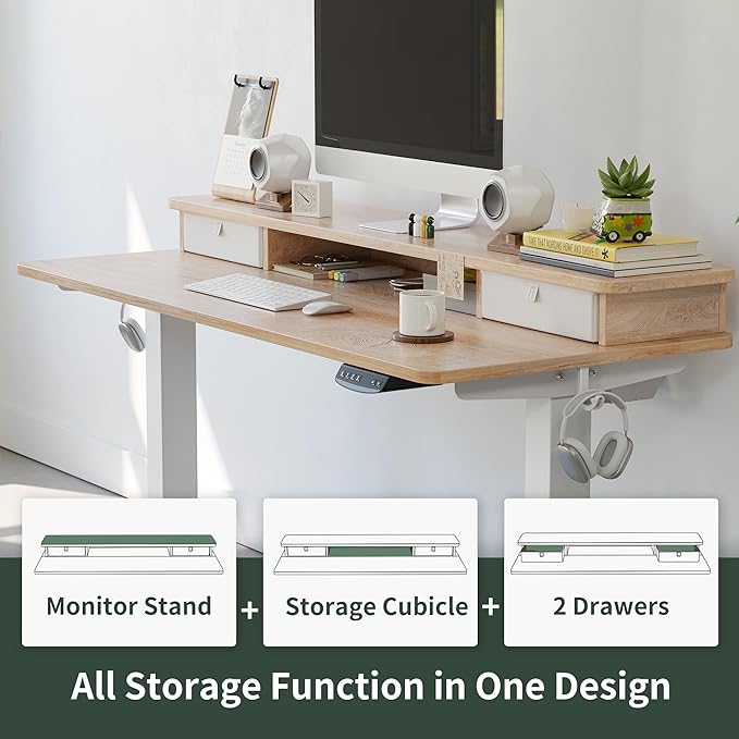 FEZIBO 55 x 24 Inch Height Adjustable Electric Standing Desk with Double Drawer, Stand Up Desk with Storage Shelf, Sit Stand Desk, Maple - LeafyLoom