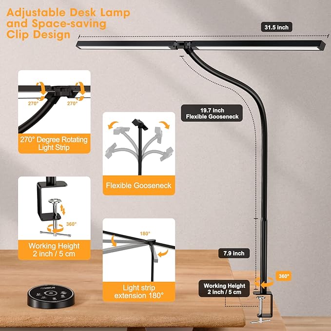 Led Desk Lamp for Office Home - 2 Pack Eye Caring Architect lamp with Clamp,Dual Screen Computer Monitor Gooseneck Smart Light: 24W 5 Color Flexible Adjustable Lighting Table Lamp for Study - LeafyLoom