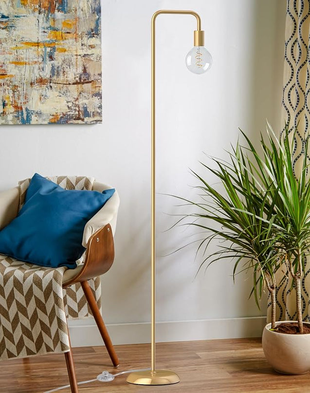 QiMH Industrial Floor Lamp for Living Room, Farmhouse Metal Standing Lamp, Modern Tall Lamp for Bedroom Office Minimalist Floor Lamps Home Decor(E26 Socket, Foot Switch), Brass Gold - LeafyLoom