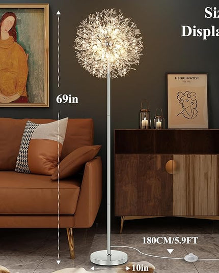 BesLowe 69'' Crystal Floor Lamp for Living Room, Modern Standing Lamp with 738PCS K9 Crystals, Tall Lamp Pole Light for Bedroom Office, Mid Century Silver Floor Lighting with 9 LED Bulbs, Chrome - LeafyLoom