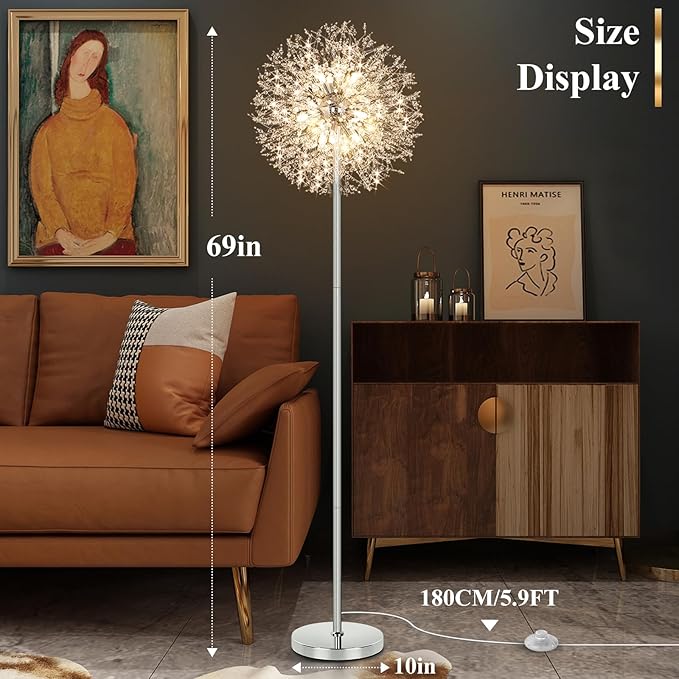 BesLowe 69'' Crystal Floor Lamp for Living Room, Modern Standing Lamp with 738PCS K9 Crystals, Tall Lamp Pole Light for Bedroom Office, Mid Century Silver Floor Lighting with 9 LED Bulbs, Chrome - LeafyLoom