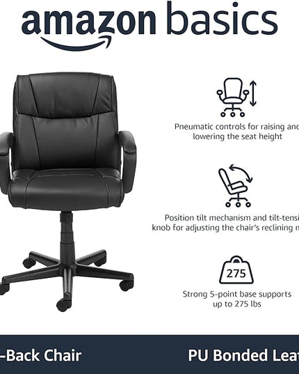 Amazon Basics Office Computer Task Desk Chair with Padded Armrests, Mid-Back, Adjustable, 360 Swivel, Rolling, 275 Pound Capacity, BIFMA Certified, 24.2"D x 24"W x 34.8"H, Black Faux Leather - LeafyLoom