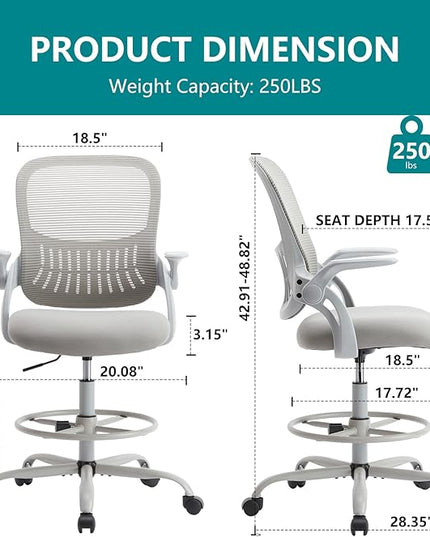 SMUG Drafting Chair, Tall Office Chair Tall Standing Desk Chair Counter Height Adjustable Office Chair with Flip-up Arms, Mid Back Mesh Office Drafting Chair, Grey - LeafyLoom