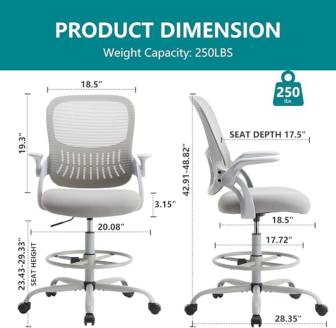 SMUG Drafting Chair, Tall Office Chair Tall Standing Desk Chair Counter Height Adjustable Office Chair with Flip-up Arms, Mid Back Mesh Office Drafting Chair, Grey - LeafyLoom